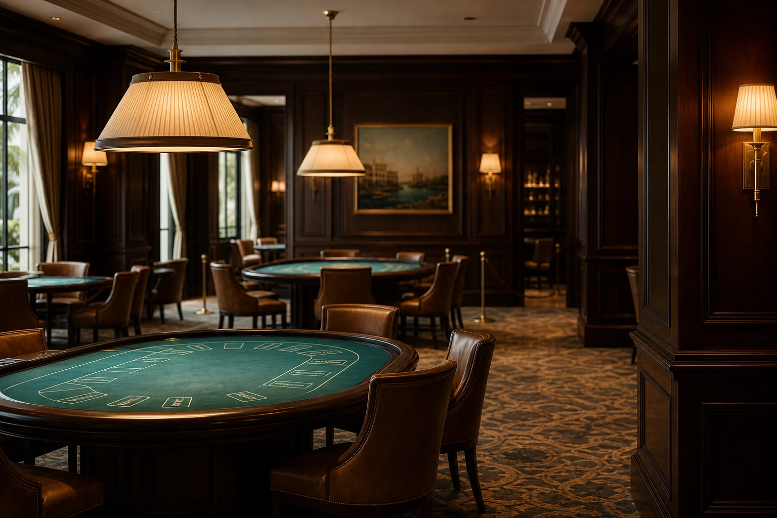 Panelled gaming room interior with baize tables and low pendant lighting