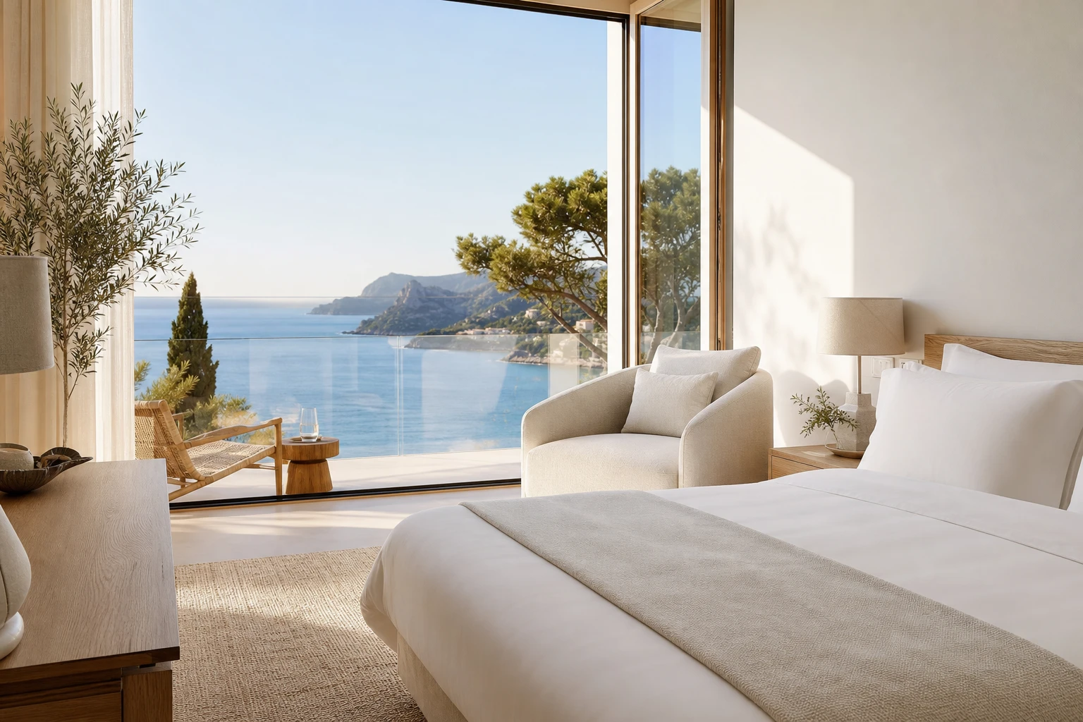 Sea View Room with balcony doors open to the Mediterranean